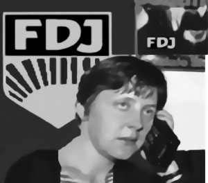 Angela Merkel as a communisat youth leader of the DDR just before the fall of the Berlin Wall. Illustration of sonnet lines, When forty winters shall besiege thy brow, And dig deep trenches in thy beauty’s field...