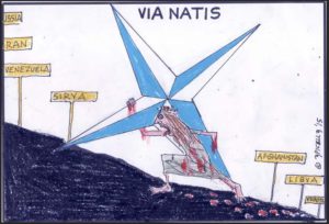 A representation of NATO carrying its hevy symbol uphill in quest for further domination - and a parallel between the via natis and the via crucis