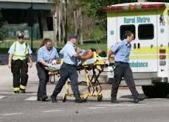 Image of wounded person moved on a stretcher following the Orlando's shooting. Illustrating Shakespeare's quote, "Twill vex thy soul to hear what I shall speak; for I must talk of murders" from Titus Andronicus