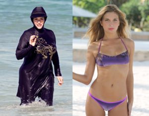 Comparison bwtween burkini and bikini. Illustration to Shakespeare quote, "Costly thy habit as thy purse can buy, but not expressed in fancy, rich, not gaudy."