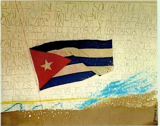 Cuban flag at half-mast. Illustration of Shakespeare quote from Hamlet, "He was a man, take him for all in all, I shall not look upon his like again.”