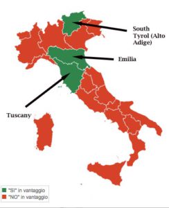 an illustration of Italy and the 3 regions that voted yes in the referendum