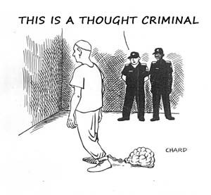 Ironic depiction of a thought criminal, a convict with his brain linked to his leg by a chain