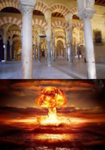 Interior of Spanish Cathedral Example of Spanish Architecture and below an atomic explosion